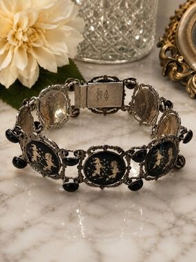 Vintage Siam Sterling Silver Niello Panel Bracelet SB Maker Mark Thai Dancers